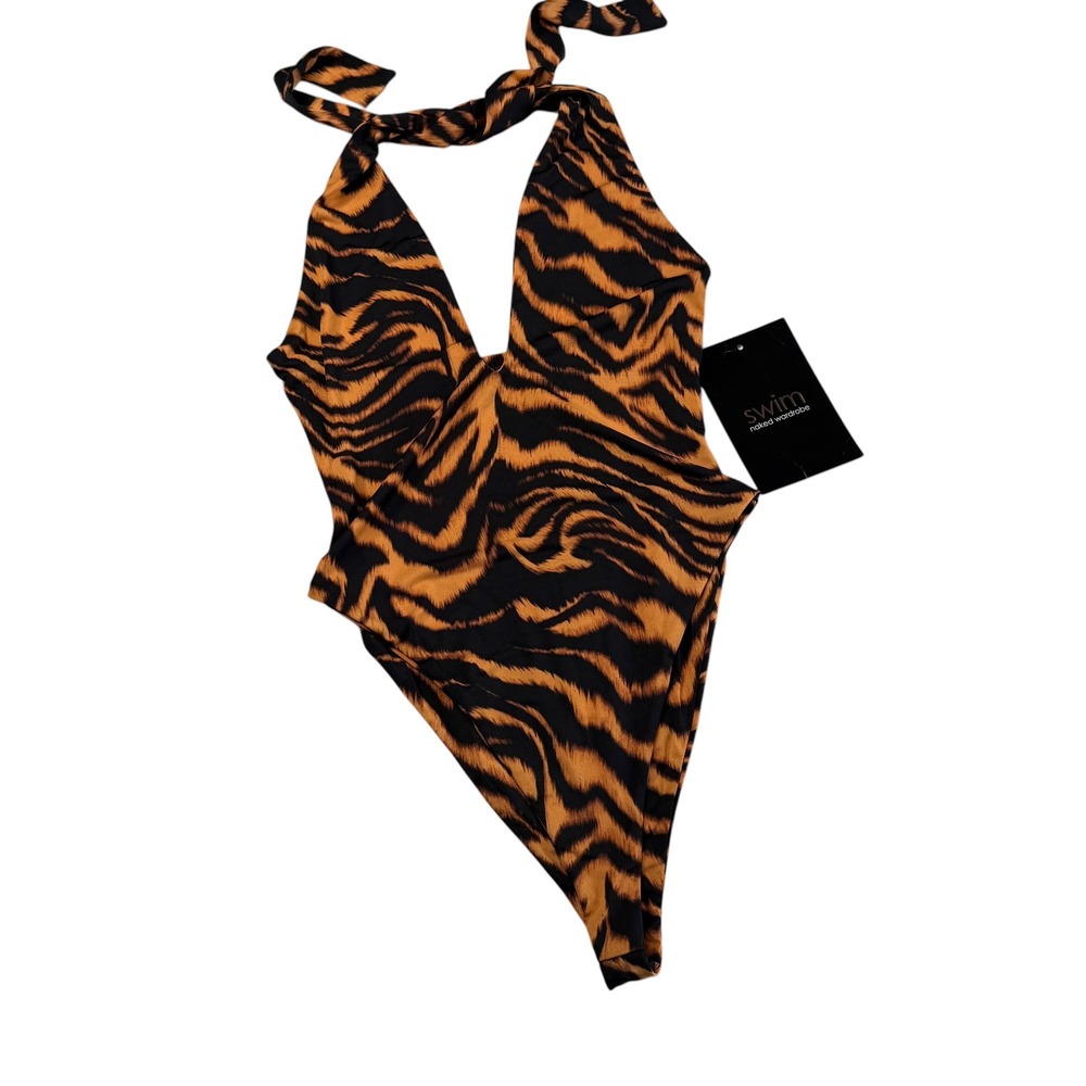 NAKED WARDROBE Swim One Piece Orange Black Tiger Print Halter Women's Size XS